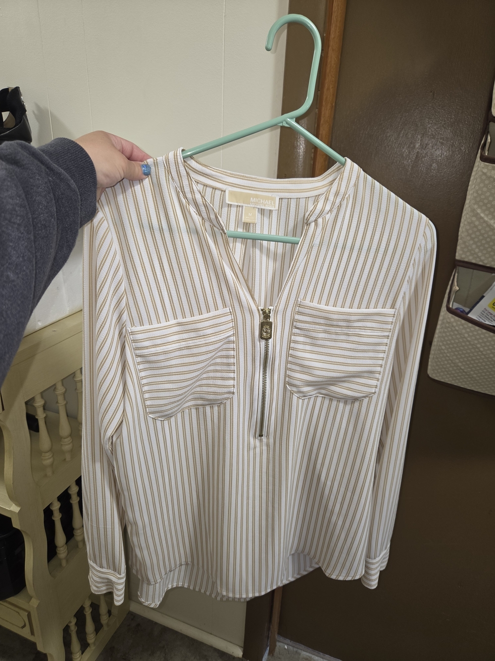Michael Kors Cream Blouse with Gold Stripes and Zip Front